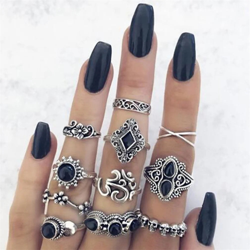 20Pcs Vintage Bohemia Black Rings Set For Women Men Mix Style Heart Love Flower Design Finger Jewelry Party Gifts