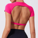 Hearuisavy Summer Sports Shirts Workout Tops Fitness Activewear Quick-Dry Yoga Clothes Sport Crop Tops Backless Gym Top Women