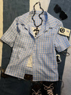European and American retro preppy style plaid shirt, women's short-sleeved cardigan button shirt