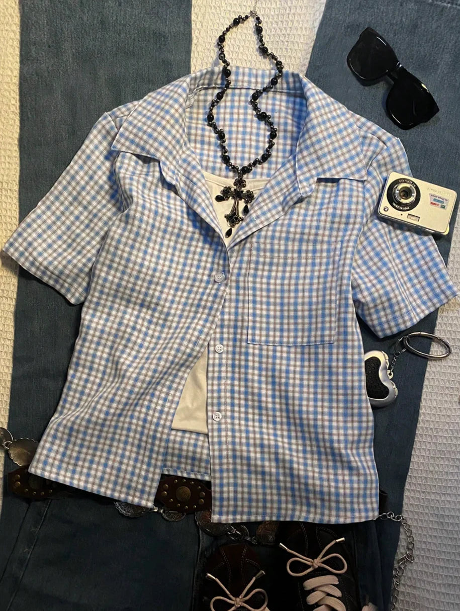 European and American retro preppy style plaid shirt, women's short-sleeved cardigan button shirt