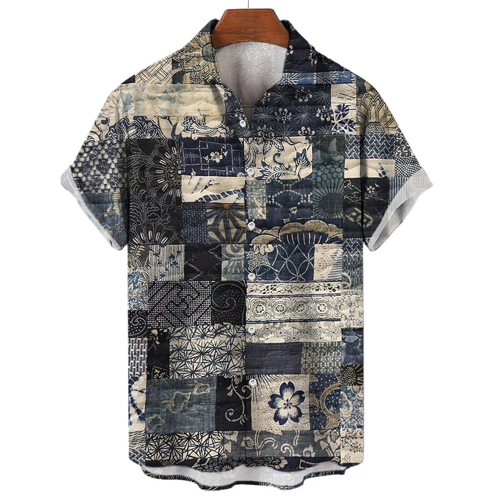 Vintage Shirts For Men 3D Print Short-Sleeved Casual Lapel Shirt Oversized Men's Clothing Patchwork Tees Tops Plaid Streetwear
