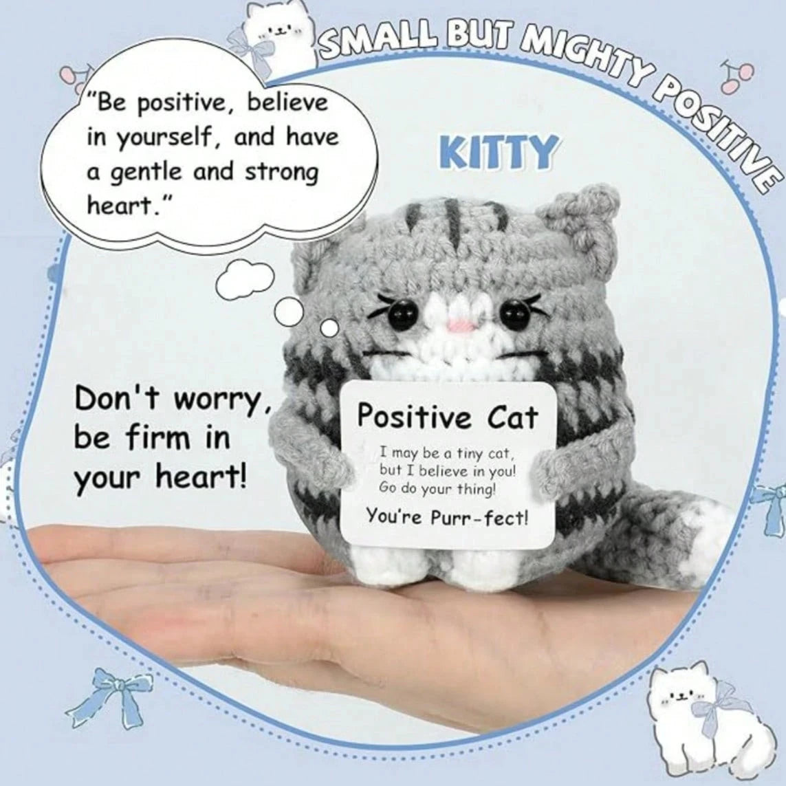 Positive Crochet Cat Mini Animal Emotional Support Gift, Fun Crochet Mini Handmade Cat, Suitable for Female Male Friends Mom Daughter Son, Plush Duck Shark Penguin Decorative Ornament, Birthday Christmas Decoration Graduation