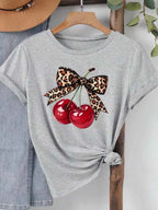 Fashion Cherry Print Women T-Shirt Short Sleeve Crew Neck Casual Tops for Summer Spring Women's Clothing Tops Tees