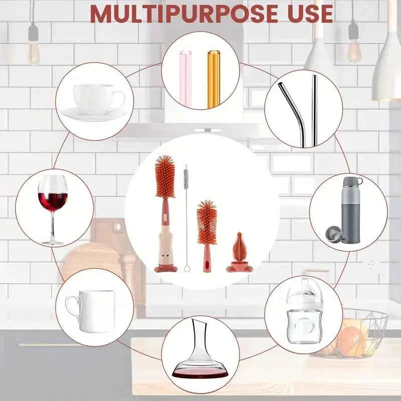 Bottle Brush Tea Cup Multifunctional Standing Brush Food Grade Silicone Nipple Brush Set Cup Brush Three-in-one Straw Brush Spon