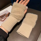 Women’s Soft Mink Fleece Fingerless Gloves – Knitted Plush Half-Finger Winter Mittens for Driving, Writing & Cold Weather Warmth