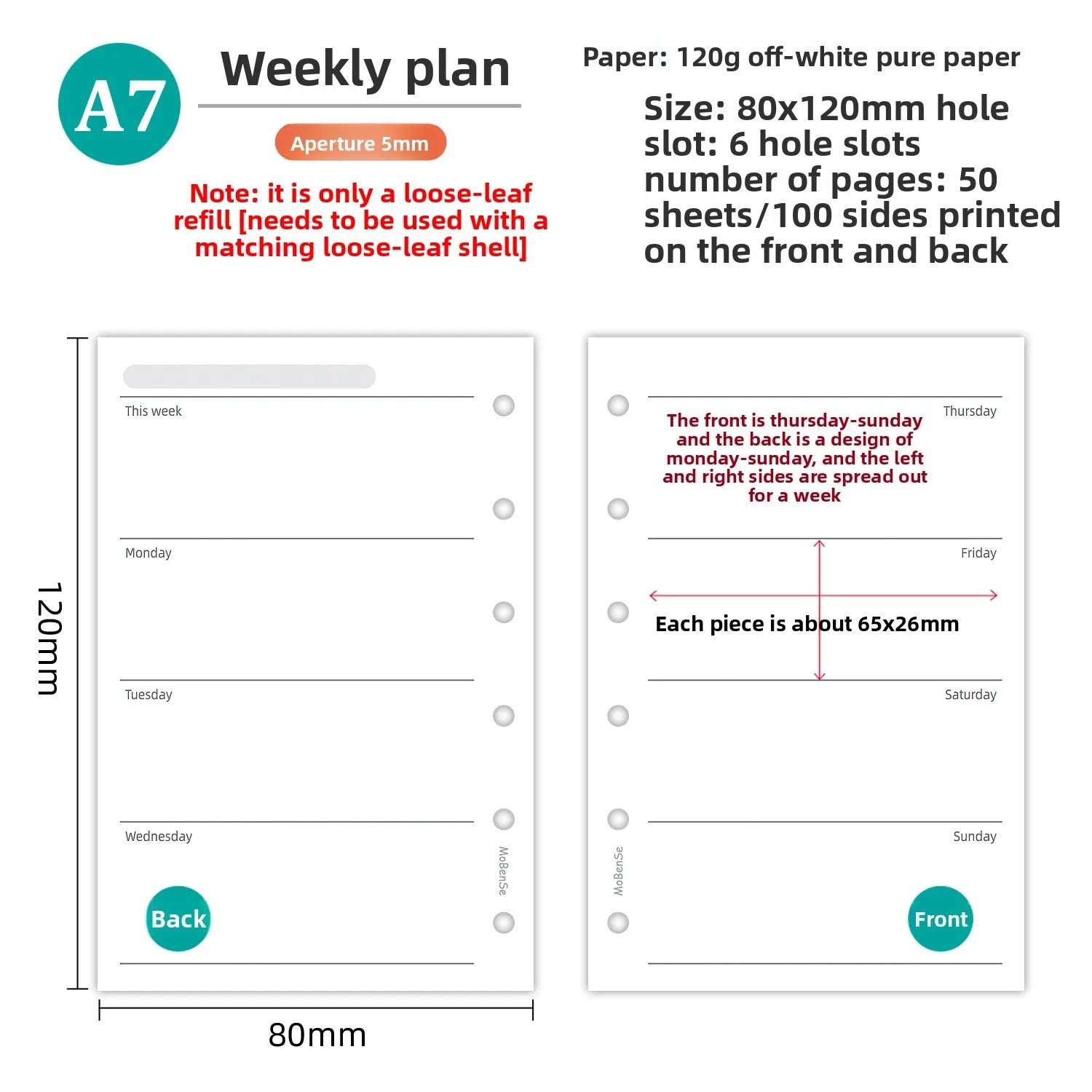 A7 50Sheets Loose Leaf Notebook Refill Spiral Binder Inner Page Weekly Monthly To Do Line Grid Inside Paper Stationery