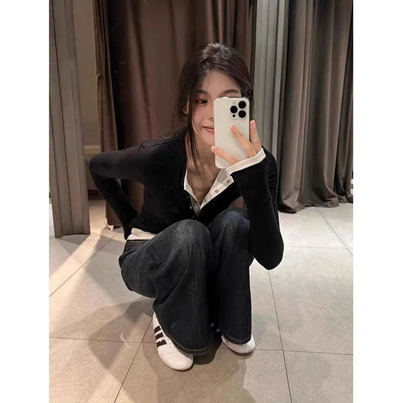 2026 Spring New Long Sleeve T-Shirt for Women Sexy Hot Girl Retro Fake Two-Piece Y2K Tops Korean Patchwork Contrast T Shirts