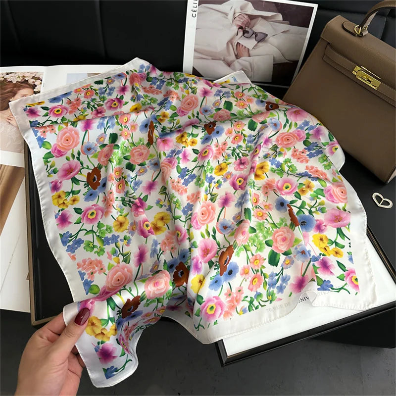 2025 Silk Shawl Print Headscarf Cat Hair Wrap Neckerchief Female Satin Square Scarf For Women Headband Foulard Hijab Bandana