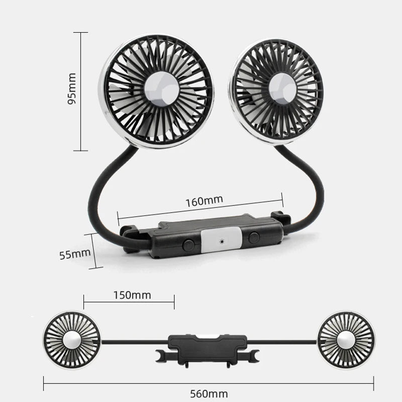 SEAMETAL Car Cooling Fan 360 Adjustable Dual Head Car Fan Low Noise Automotive Electric Fan Type C Charge for Dashboard RV Truck