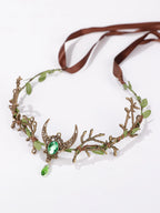 Fantasy Forest Fairy Moon Accessory - Green Gemstone Branch and Leaf Headband - Halloween / Fairy-Themed Party / Outdoor Photo Shoots
