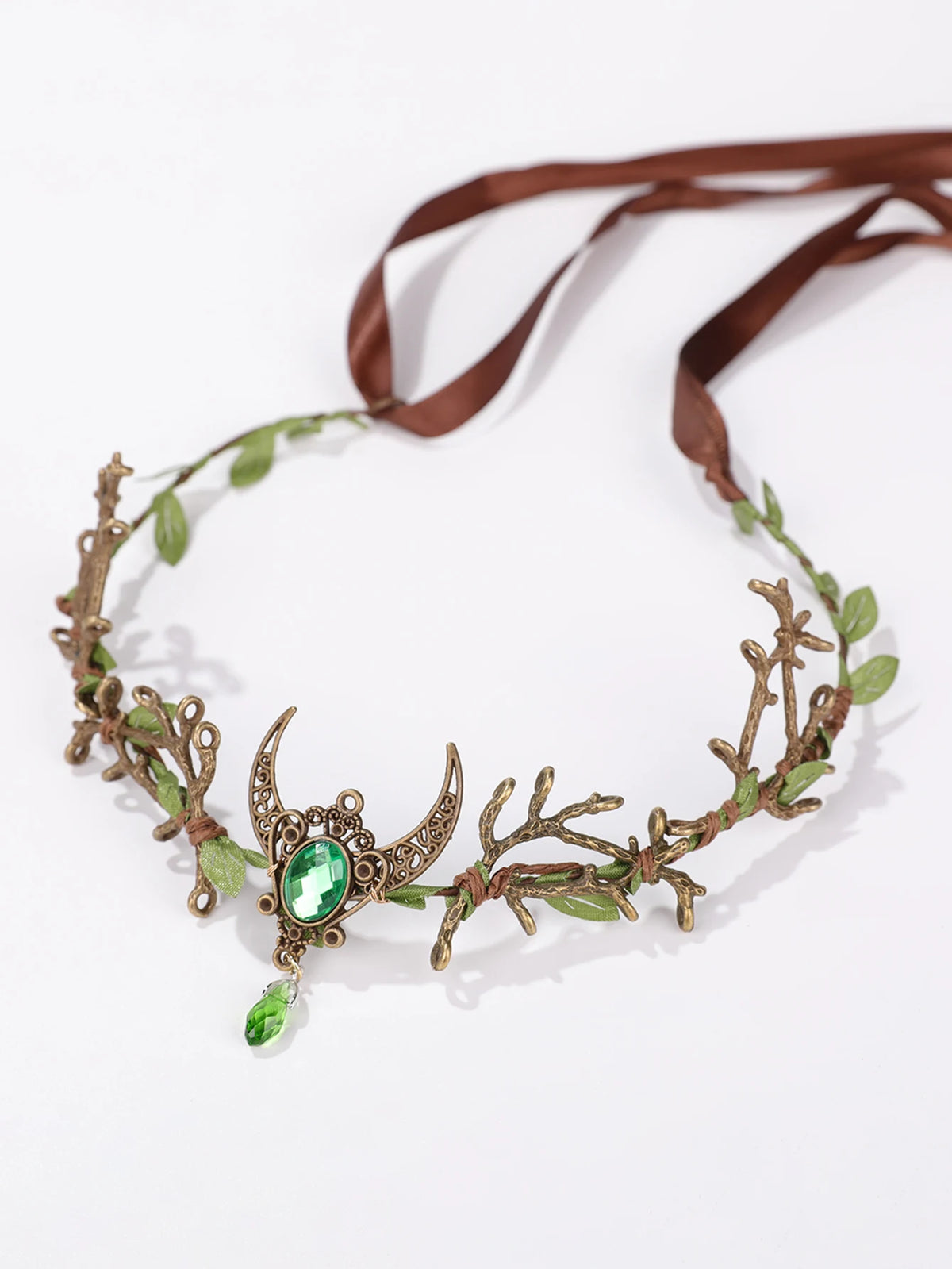 Fantasy Forest Fairy Moon Accessory - Green Gemstone Branch and Leaf Headband - Halloween / Fairy-Themed Party / Outdoor Photo Shoots