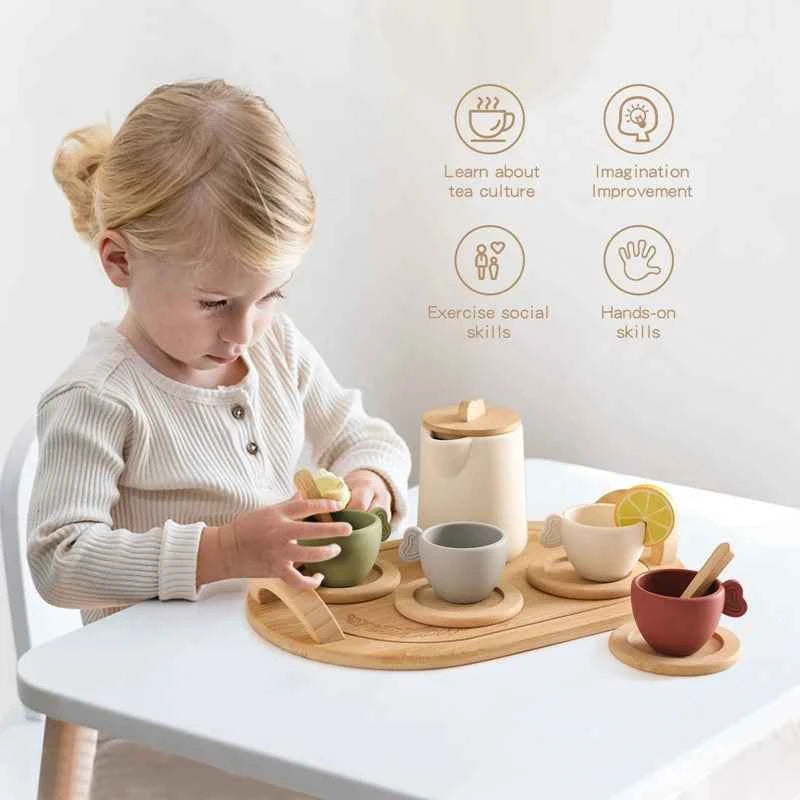 Wooden Children Montessori Toy Teapot Teacup Simulation Kitchen Utensil  BPA Free Silicone Kid Education Pretend Play Toy Gift
