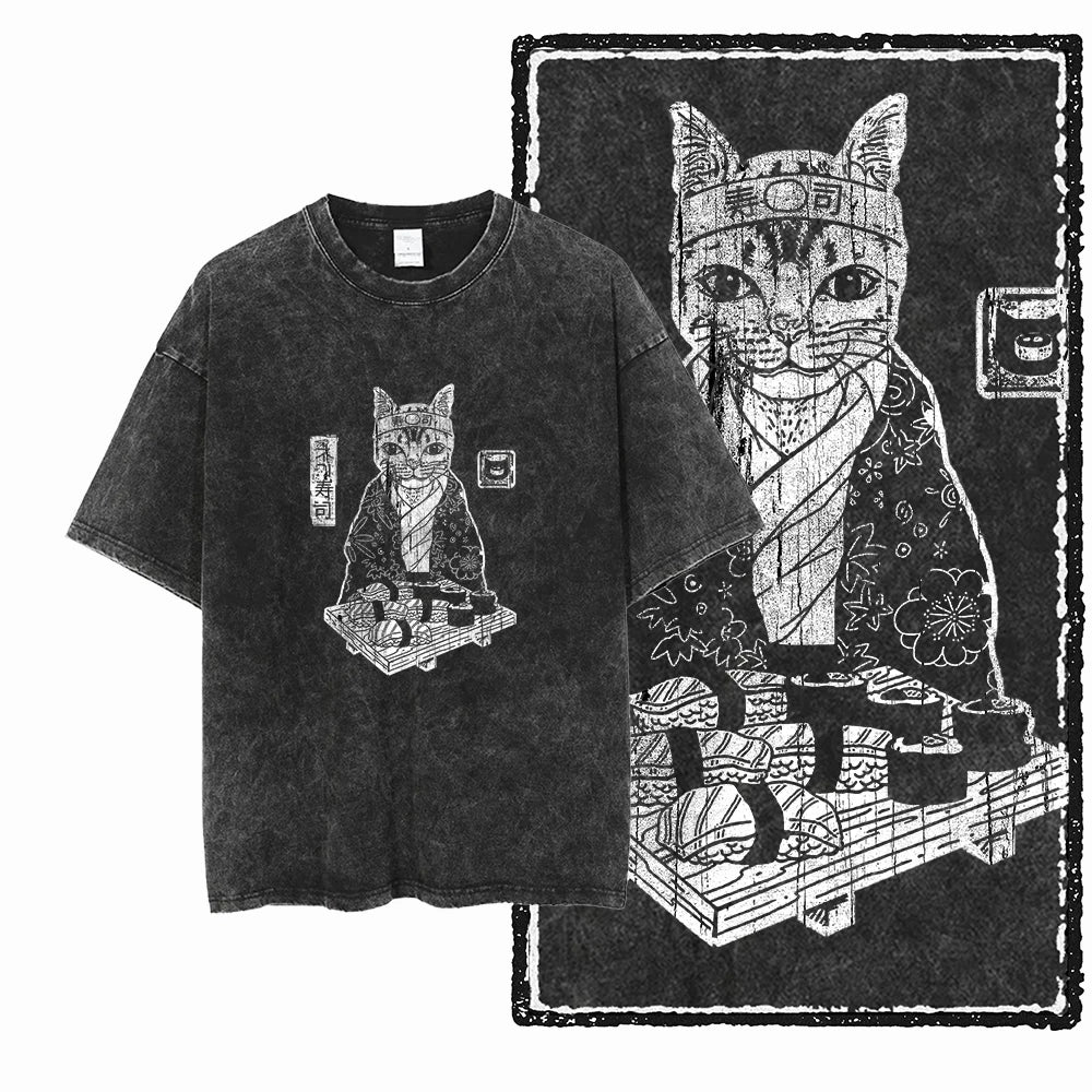 COOLMIND DB Cat Printed Cotton Acid Washed Exclusive Graphic Unisex T Shirt Cool Streetwear Men Tshirts Big Size Tee for Men