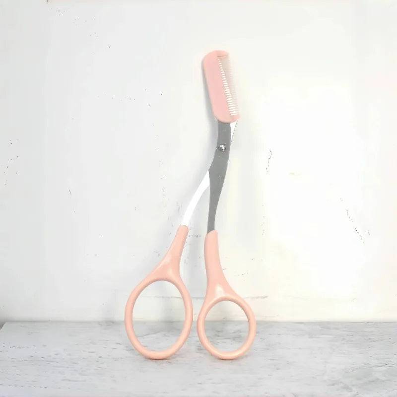 Pink Eyebrow Trimming Scissors – Built-In Comb Grooming Tool