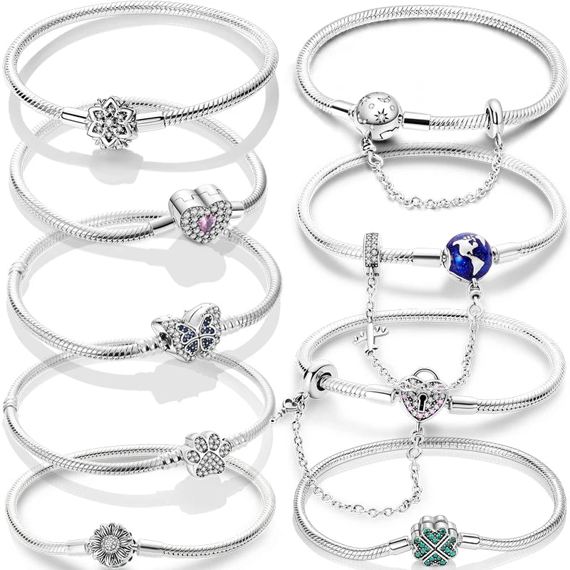 Original 925 Silver Bracelets Four Leaf Clover Butterfly Heart Bracelet Fit DIY Charms Beads Fashion Jewelry 17-20CM