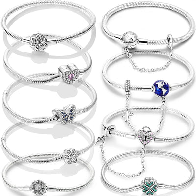 Original 925 Silver Bracelets Four Leaf Clover Butterfly Heart Bracelet Fit DIY Charms Beads Fashion Jewelry 17-20CM