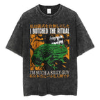 Creepy Cute Animal Graphic T-Shirts Vintage Washed Black Tees Funny Horror & Relatable Quotes Perfect for Anime Fans Streetwear