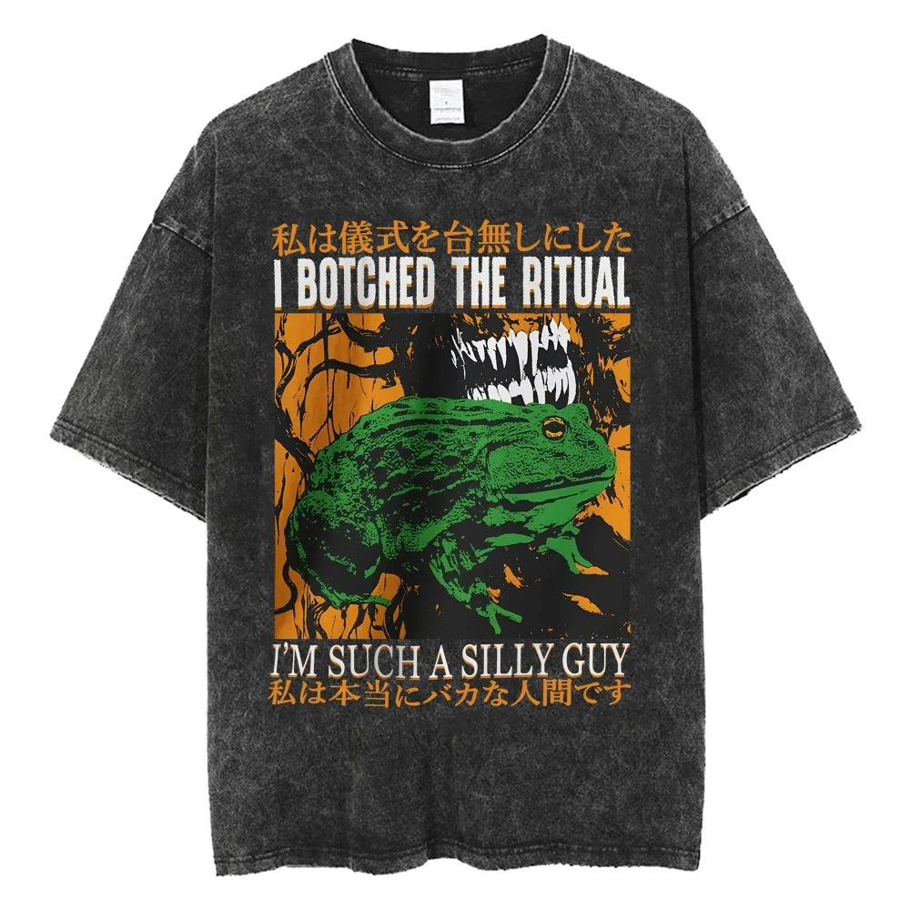 Creepy Cute Animal Graphic T-Shirts Vintage Washed Black Tees Funny Horror & Relatable Quotes Perfect for Anime Fans Streetwear