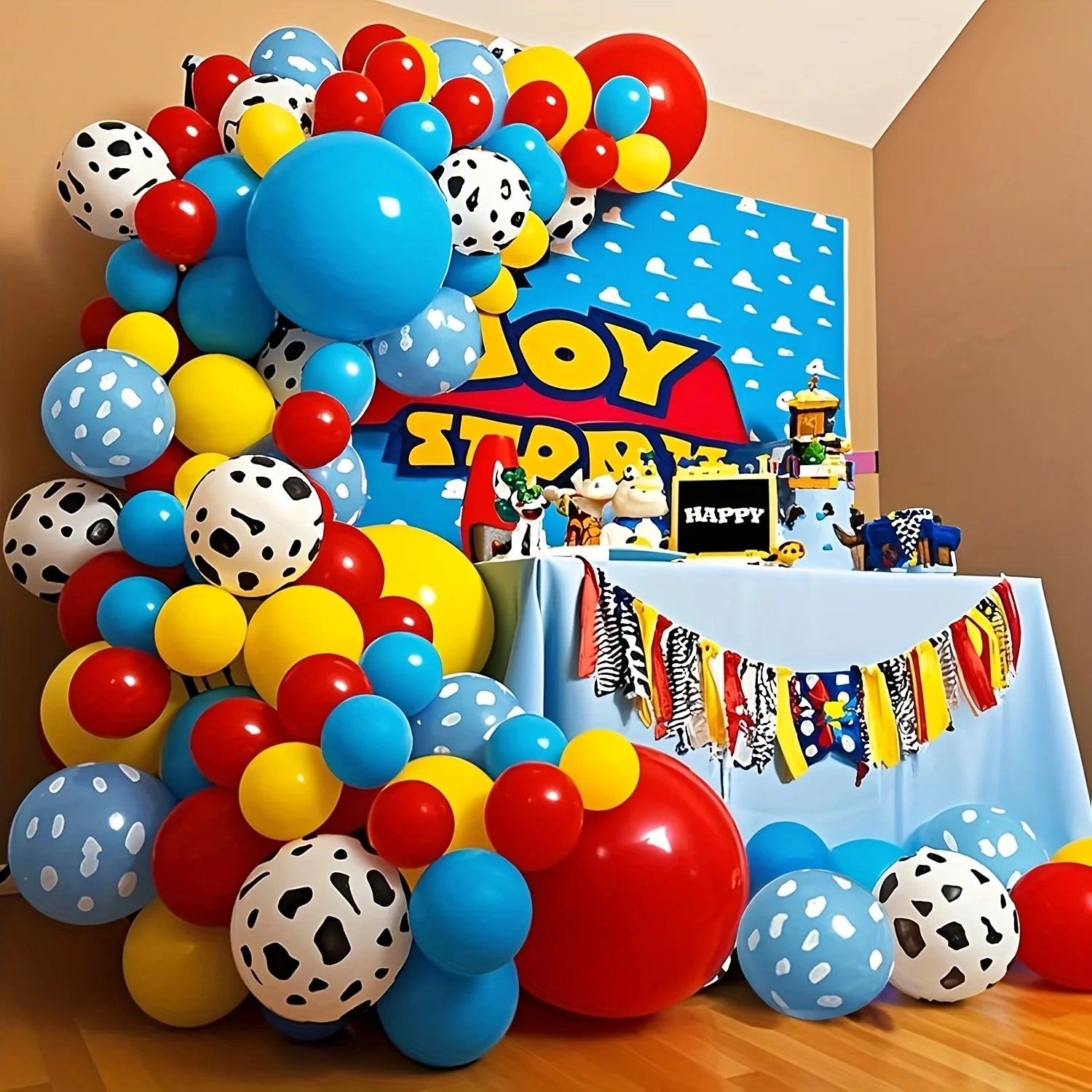 Red Yellow Blue Toy Balloons,Light Blue Cloud Cow Print Balloons for Baby's Birthday Story and Football Party Themed Decorations