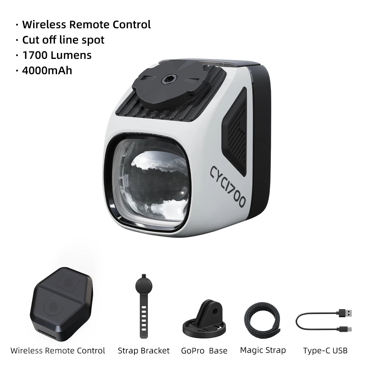 CYCLAMI CYC1700 Wireless Remote Hanging Bike Headlight High Brightness Cutoff Line Front Light 4000mAh 1700 Lumen Aluminum Alloy