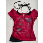 2026 Summer Vintage Fake Two Piece Halter Lace Up T-shirts Y2k Slim Fit Print Tops Women Off Shoulder Short Sleeve Tee Shirt
