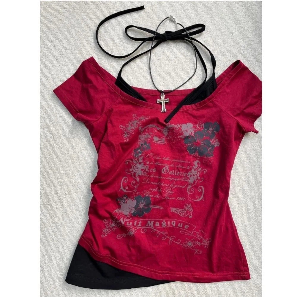 2026 Summer Vintage Fake Two Piece Halter Lace Up T-shirts Y2k Slim Fit Print Tops Women Off Shoulder Short Sleeve Tee Shirt