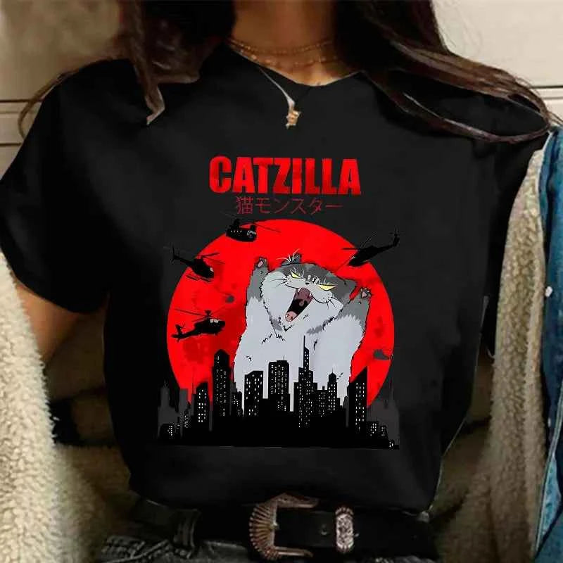 90s Funny Cute Art Japanese Cat Graphic for Cat Lover T-Shirt Graphic T Shirts Women's Clothing Fashion