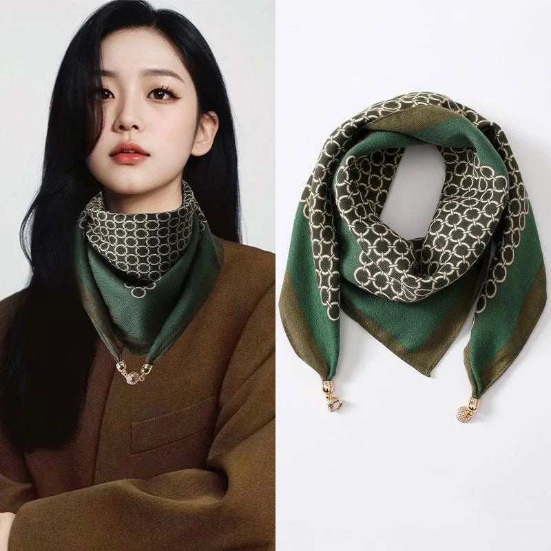 Luxury Magnetic Buckle Silk Scarf Women Print Square Scarf For Autumn Winter Warmth And Cold Resistance Fashionabl Scarves