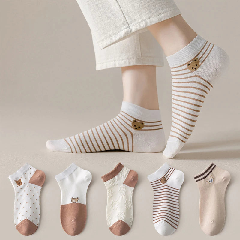 5 Pairs/Lot Socks Women's Short  Ankle Low Cut No-Show Foot Cute Bear Hearts Print  School Cotton  Breathable Set Casual Retro