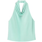 HXAO Top Women Halter Satin Women Tops Backless Corset Top Vest Yellow Pink Black Summer Elegant Sexy Tops Tank Vestidos