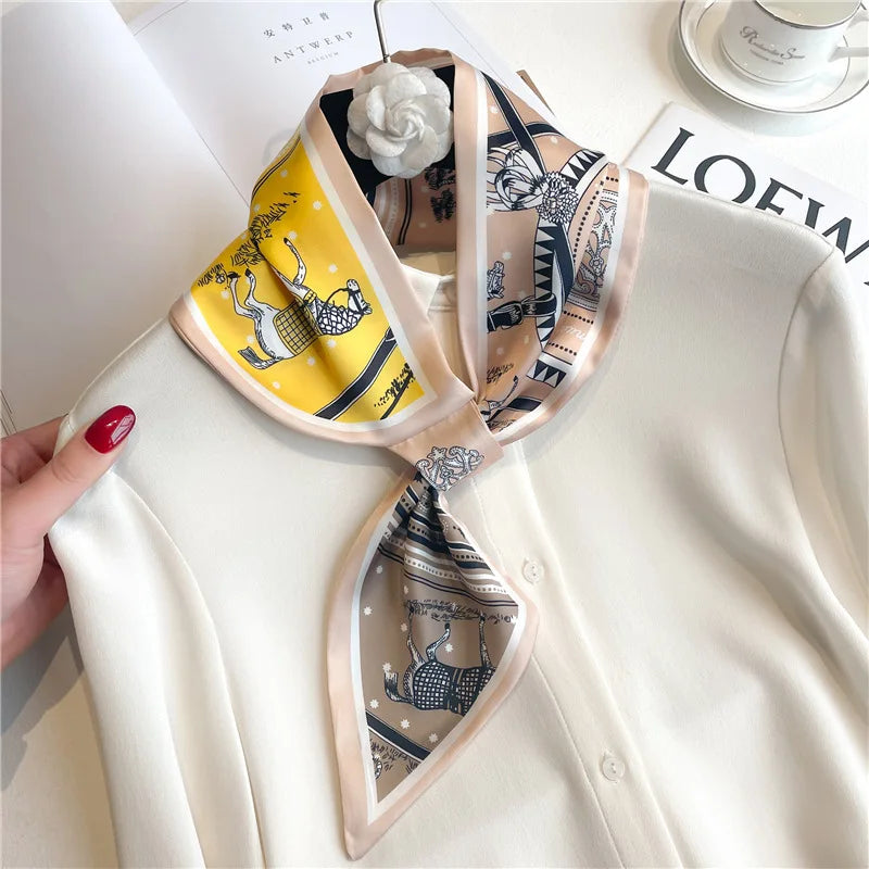 Luxury Brand Horse Print Skinny Neckerchief Scarf For Women Satin Silk Ribbons Bandana Ladies Neck Tie Wrist Wrap Shawl Echarpe