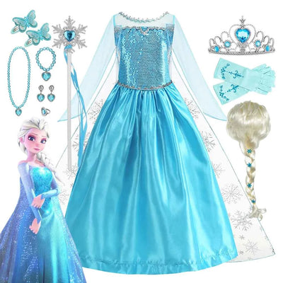 Disney Frozen Elsa Snow Queen Princess Dress Girls Costume Halloween Kids Role-play Carnival Children Birthday Party Dress
