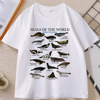 Seal Tshirt Y2k Seals of The World T-shirt 90s Retro Tee Crewneck Animal Tshirt Casual Loose Cotton Short Sleeve Print Clothes