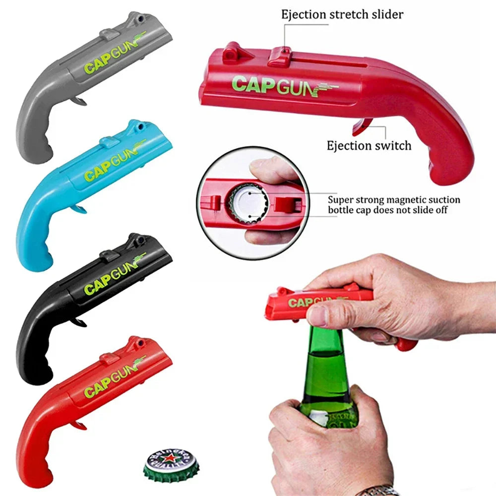 Portable Cap Gun Bottle Opener – Creative Flying Cap Launcher Bar Tool
