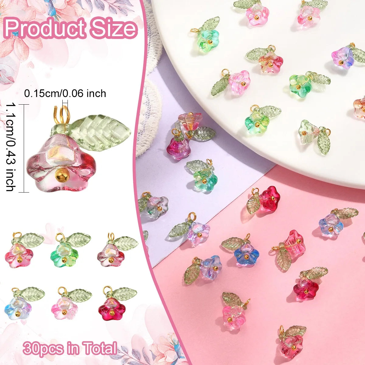 30Pcs 6 Colors Glass Pendants with Golden Brass Findings Flower Charms for Women Necklace Bracelet Earrings DIY jewelry making