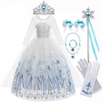 Disney Elsa Princess Dress For Girl White Printed Long-Sleeved Lace Dress Festive Party Gift Set Frozen Dress Fire Spirit Olaf