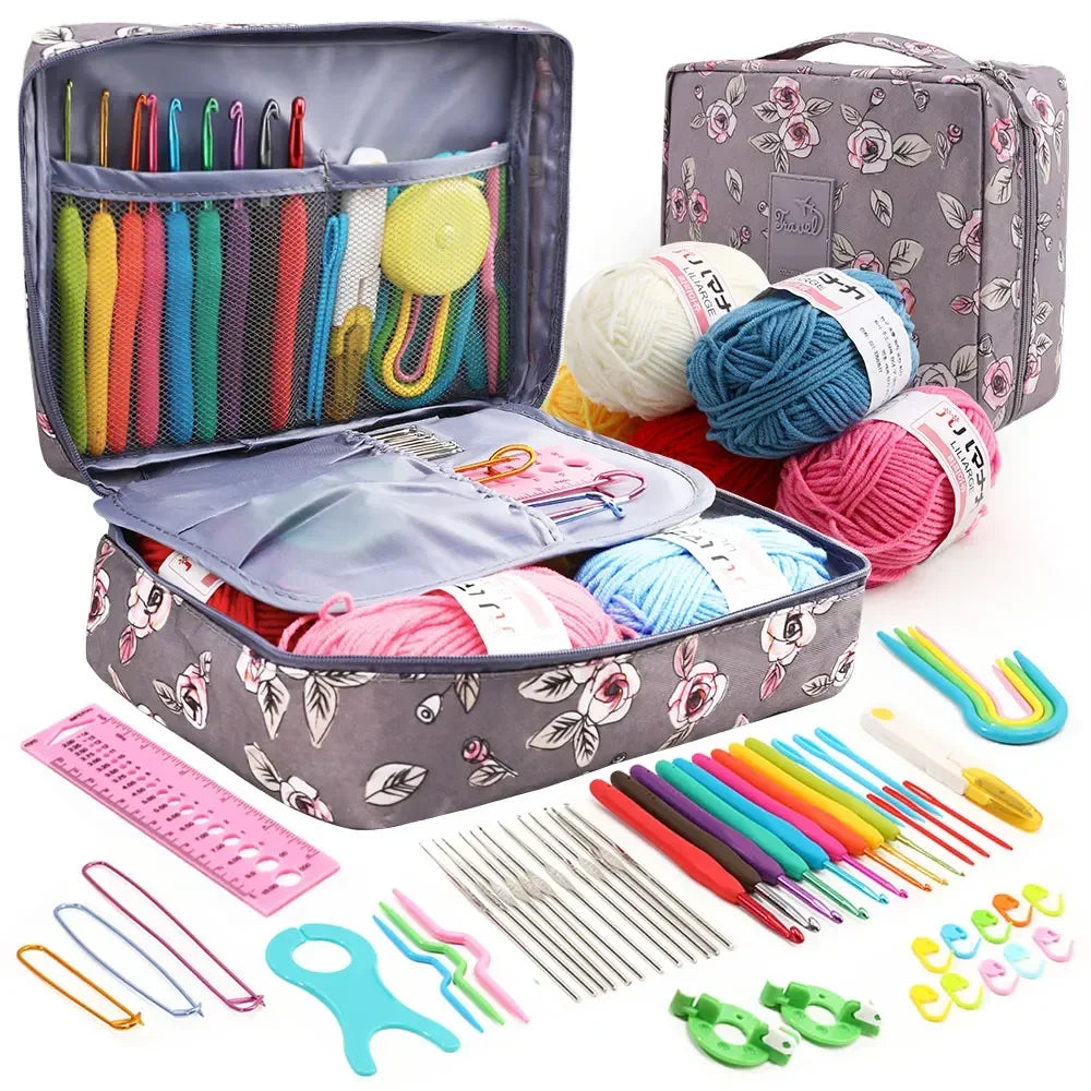 FELE 59Pcs/Set Portable Crochet Knitting Set DIY Beginner Crochet Hook Kit With Storage Bag Material Pack and Storage Tools