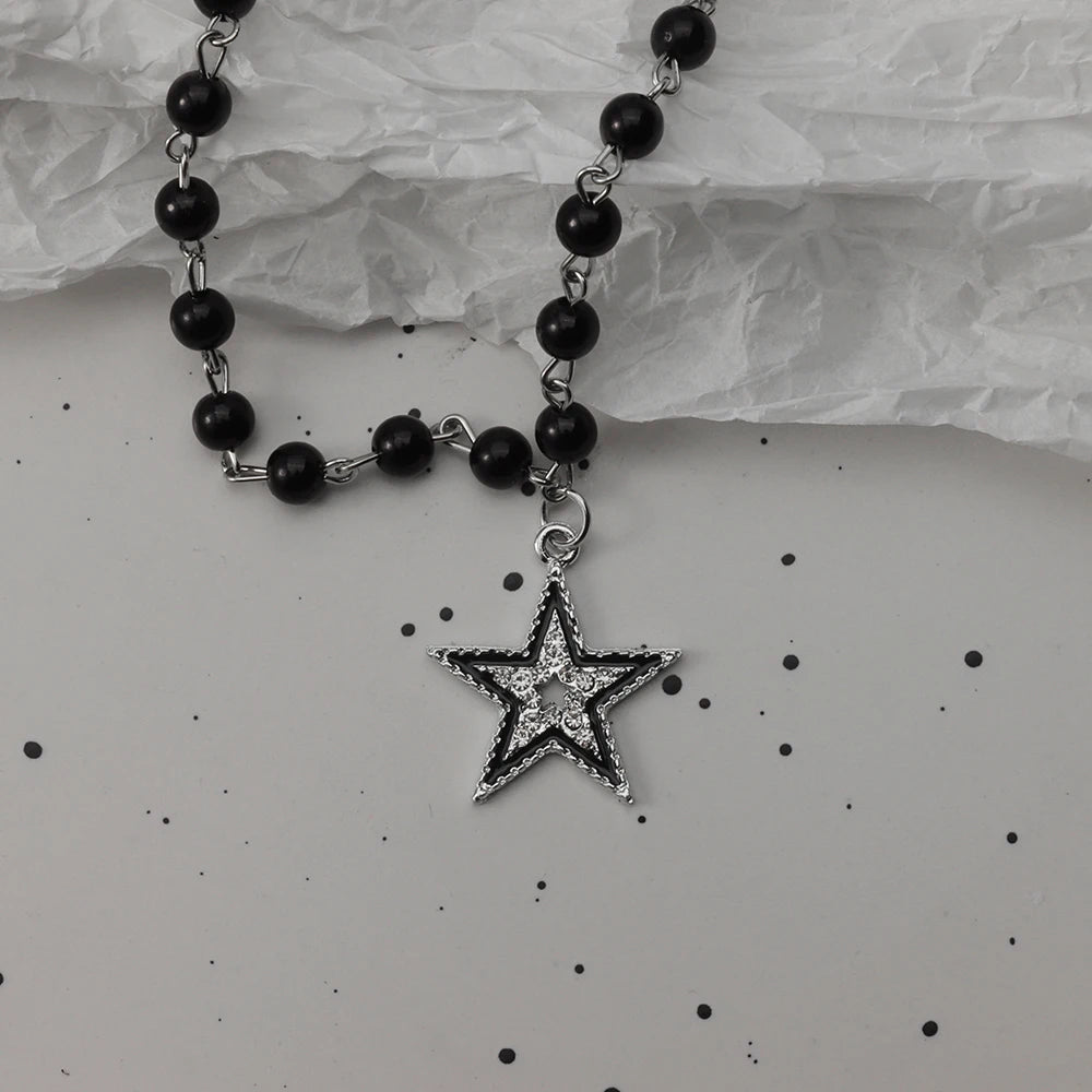 Gothic Bat Cross Dark Pendant Necklace Set, Y2K Personalized Thorn Love Black Bead Stacked Necklace Set, Suitable as Halloween G