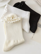 Harajuku Ruffle Socks Women Girls Sweet Cotton Middle Tube Black White Socks Jk Lolita Soft Breathable Ankle Loose Short Sock