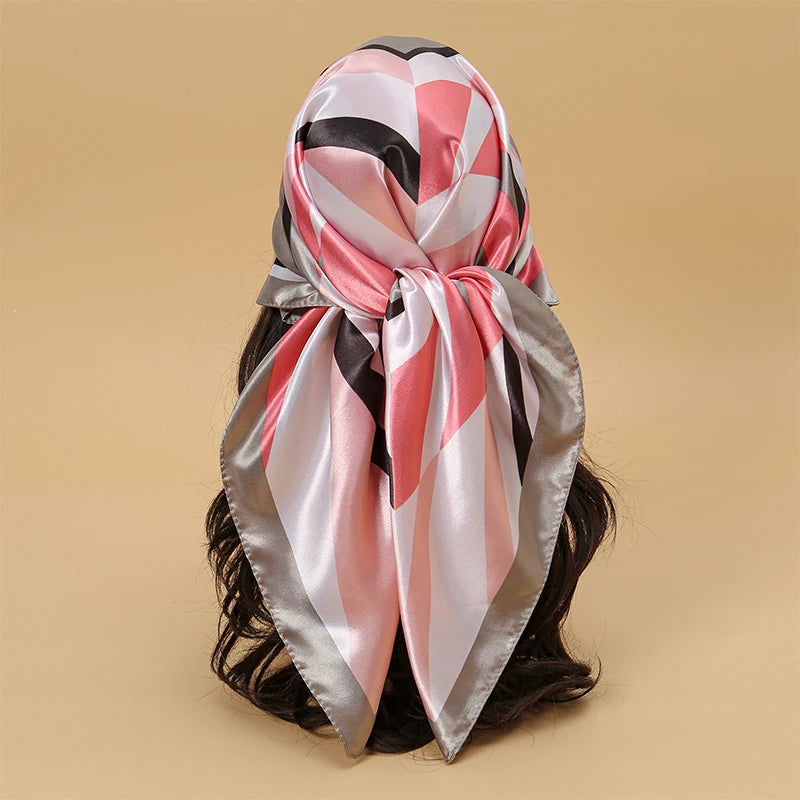 Satin Square Scarf Women Muslim Hijab Elegant 2025 Print Silk Neckerchief Shawl Wraps Headband Handle Hair Accessories Bandana