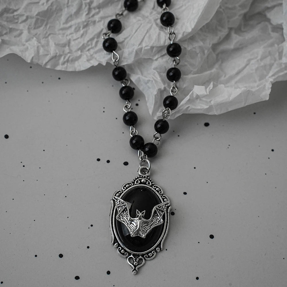 Gothic Bat Cross Dark Pendant Necklace Set, Y2K Personalized Thorn Love Black Bead Stacked Necklace Set, Suitable as Halloween G