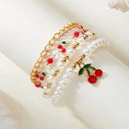 Sweet Cute Red Strawberry Cherry Heart Pearl Charm Bracelet New Fashion Y2K Fruit Gold Color Chain Jewelry Party Gifts 2025