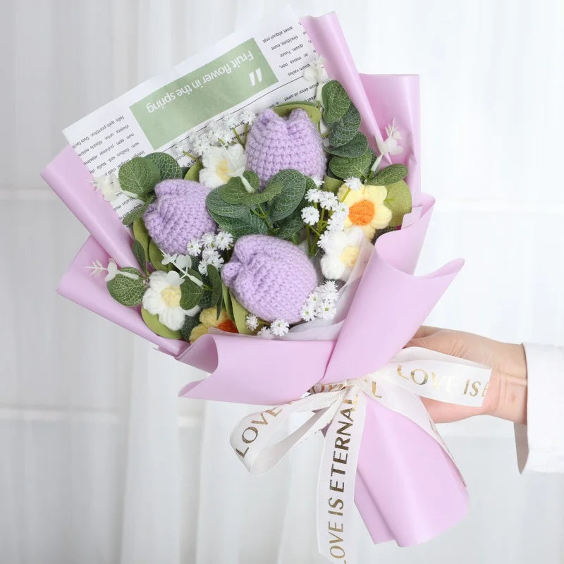 Finished Knitted Flowers Sunflowers Crochet Bouquet Creative Knitted Flowers Valentine Mothers' Day Birthday Graduation Gifts