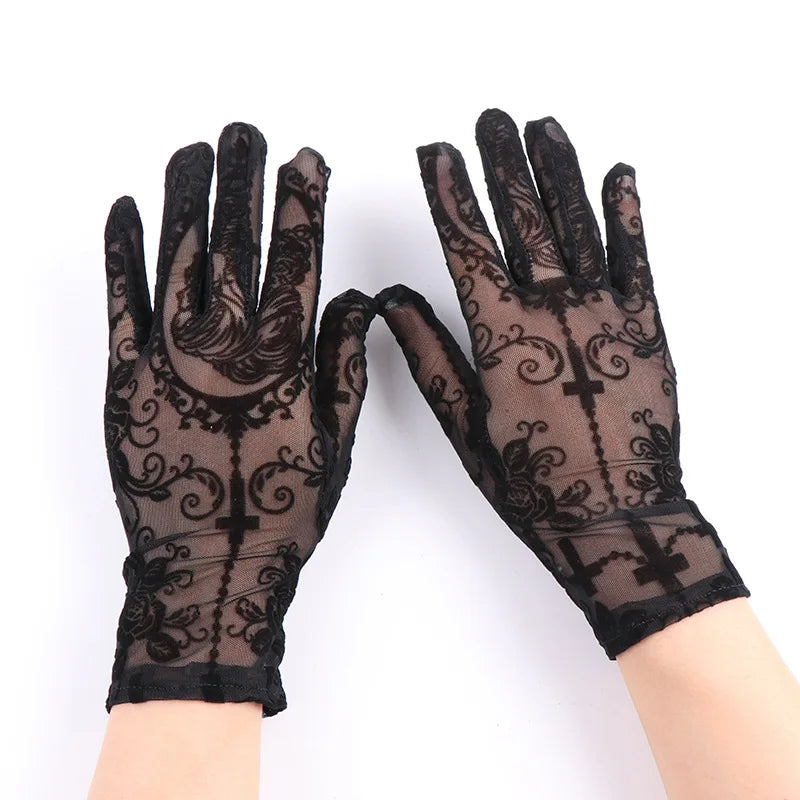 Halloween Women Black Sexy Skeleton Cross Flowers Lace Long Gloves Elasticity Transparent Mesh Lolita Punk Cosplay Short Gloves