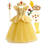 Beauty and the Beast Inspired Party Mesh Dress for Girl Elegant Fancy Princess Costume Belle Deluxe Ball Gown Kid Christmas Robe