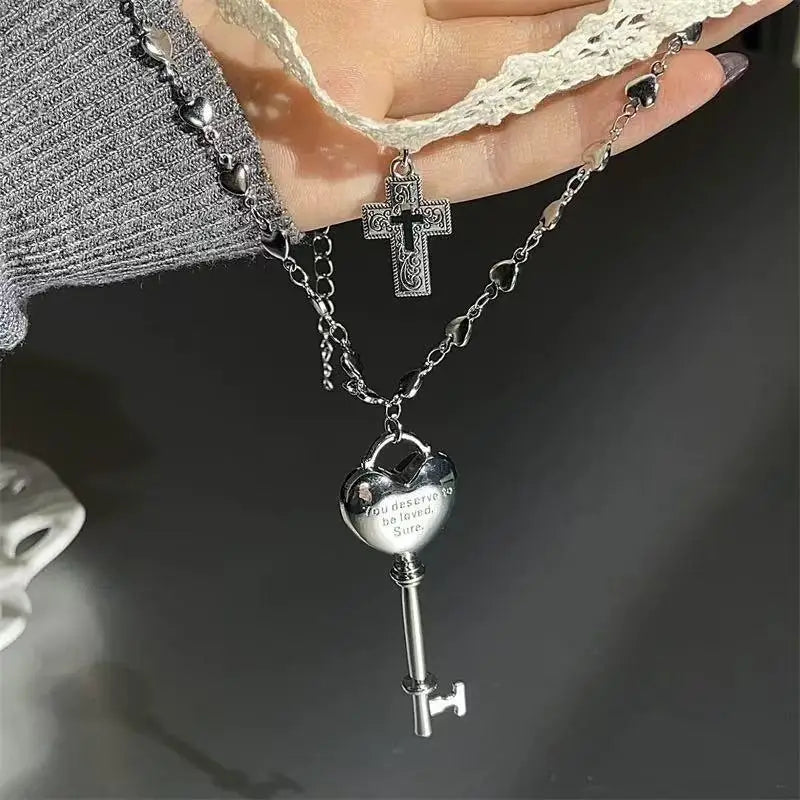 Y2K White Lace Cross Strap Key Choker Necklace for Women Sweet Cool Heart Chain Double Layer Necklace Fashion Party Jewelry Gift