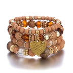 4Pcs Bohemia Acrylic Beaded Bracelet Set For Women Solid Heart Charm Elastic Chain Bangle Men Retro Daily Wear Jewelry Gift