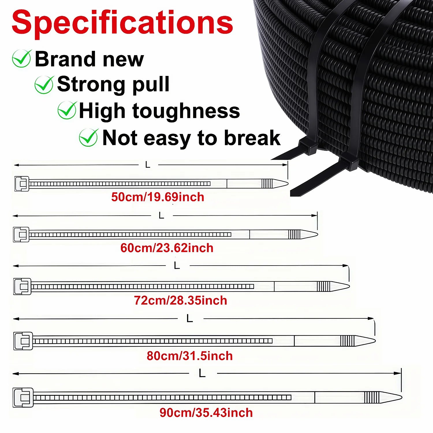 Heavy-Duty Ultra-Long Nylon Cable Ties - Self-Locking Large-Sized (50-90cm), Durable Plastic Cable Organizer, Suitable