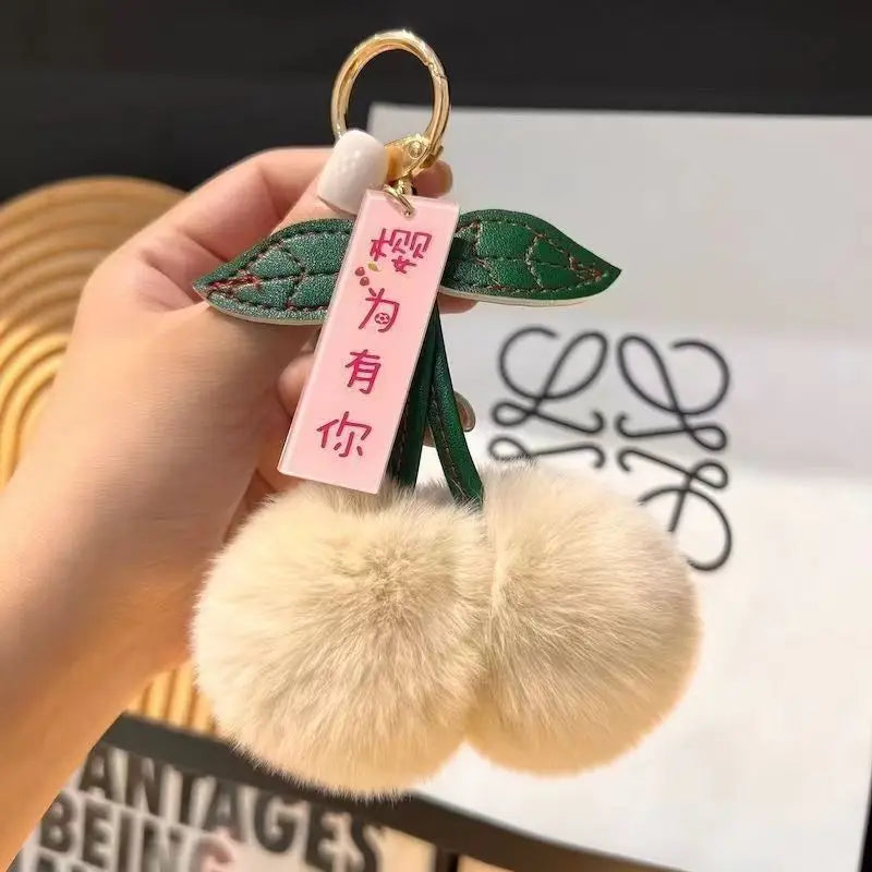 ZAKOL New Cute Fluffy Rex Rabbit Fur Ball Pompom Leaf Keychain Cherry Key Chain Handbag Car Key Chain Ring Gift