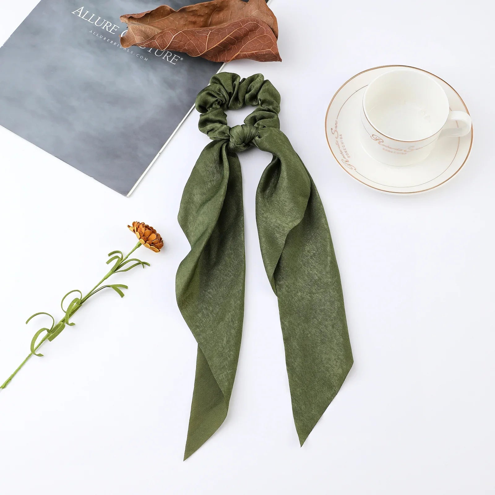 Fashion Flower Print Bow Satin Long Ribbon Ponytail Scarf Tie Scrunchies Women Girls Elastic Bands Hair Accessories